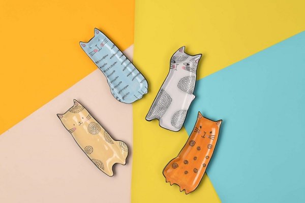 Cartoon Cat Handcrafted Stoneware Ceramic 8 inch Appetizer Plates Set of 4