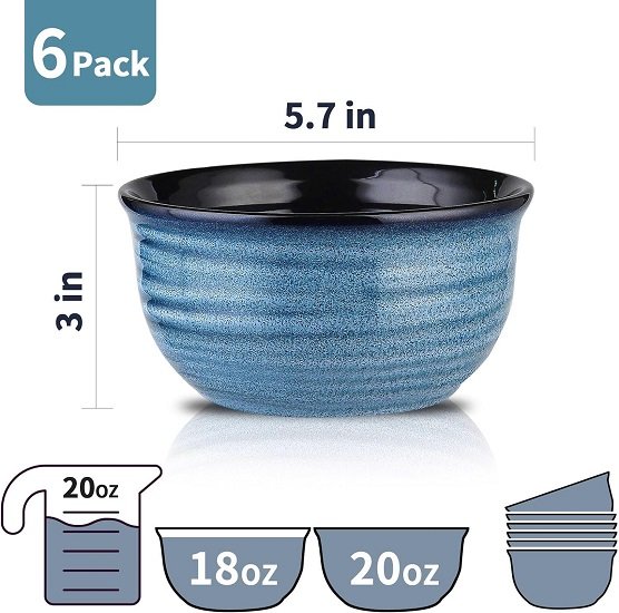 Cereal Bowl Set of 6, 20 Ounces Ceramic Soup Bowls Set for Kitchen, Suit for Cereal Soup Rice Pasta Salad Oatmeal, Microwave Safe, Navy Blue