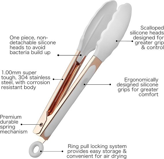 Stainless Steel Silicone Tip Kitchen Food Grilling and Cooking Tongs Set of Two for Nonstick Cookware, Grilling Tongs, Rose Gold and White 9" and 12"