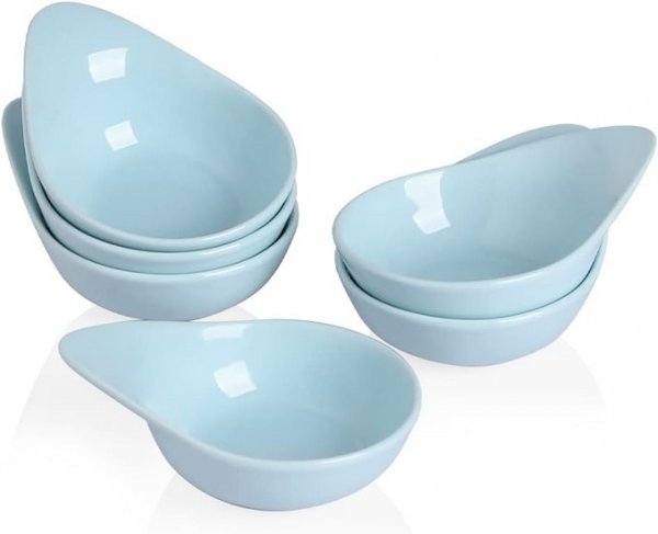 Porcelain Soy Sauce Dish, 3 Ounce Dipping Bowls with Handles for Ketchup, Appetizers, Condiment, Snack, Honey Mustard - Set of 6 (Turquoise, Round)