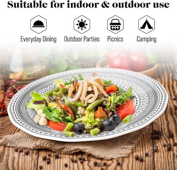 Melamine Plates, 11-Inch Lightweight and Break-Resistant Dinner Plates, Moroccan Black/White Design, Set Of 4